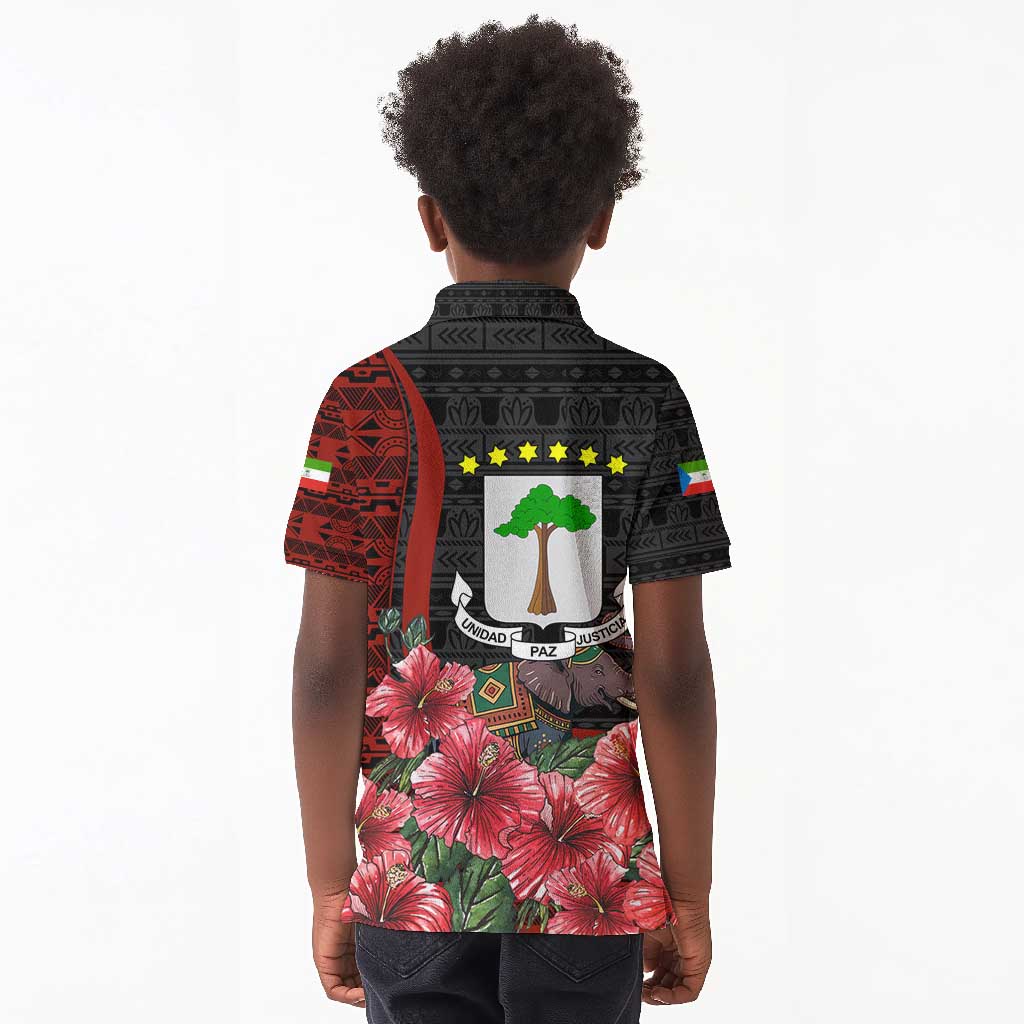 Equatorial Guinea Elephant Kid Polo Shirt - Hibiscus Flowers and Tribal Patterns