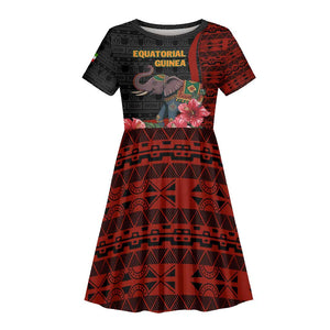 Equatorial Guinea Elephant Kid Short Sleeve Dress - Hibiscus Flowers and Tribal Patterns