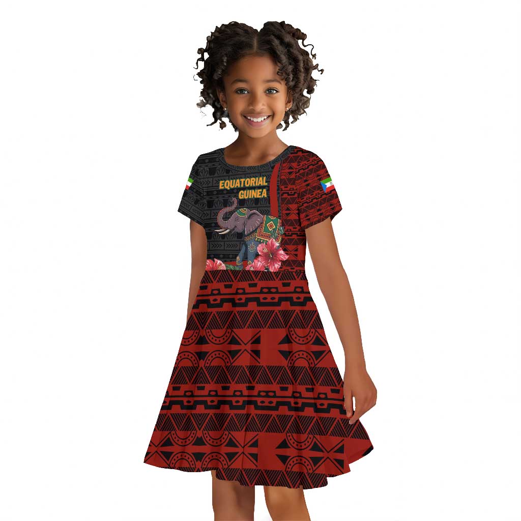Equatorial Guinea Elephant Kid Short Sleeve Dress - Hibiscus Flowers and Tribal Patterns