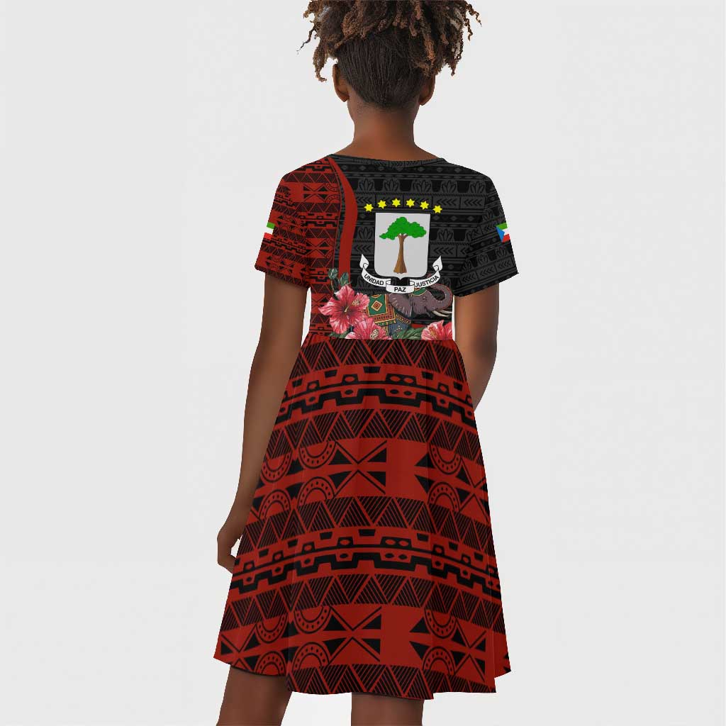 Equatorial Guinea Elephant Kid Short Sleeve Dress - Hibiscus Flowers and Tribal Patterns