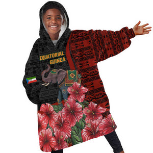 Equatorial Guinea Elephant Kid Wearable Blanket Hoodie - Hibiscus Flowers and Tribal Patterns