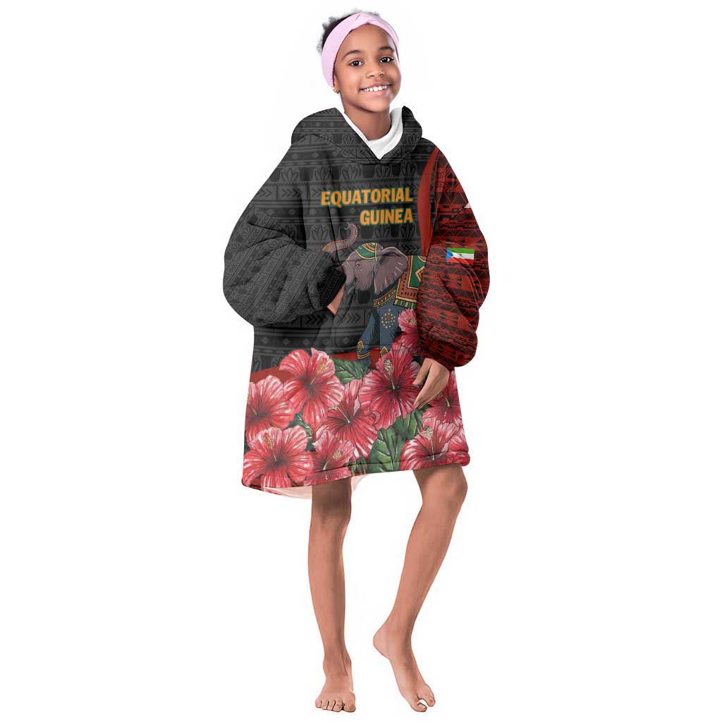 Equatorial Guinea Elephant Kid Wearable Blanket Hoodie - Hibiscus Flowers and Tribal Patterns