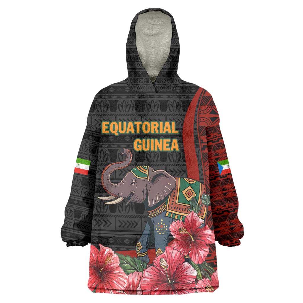 Equatorial Guinea Elephant Kid Wearable Blanket Hoodie - Hibiscus Flowers and Tribal Patterns