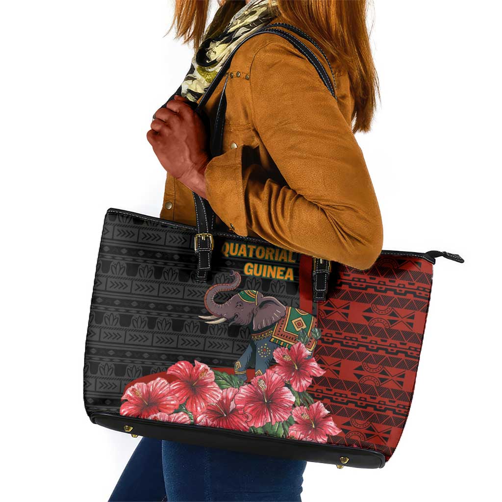 Equatorial Guinea Elephant Leather Tote Bag - Hibiscus Flowers and Tribal Patterns