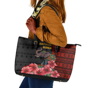 Equatorial Guinea Elephant Leather Tote Bag - Hibiscus Flowers and Tribal Patterns