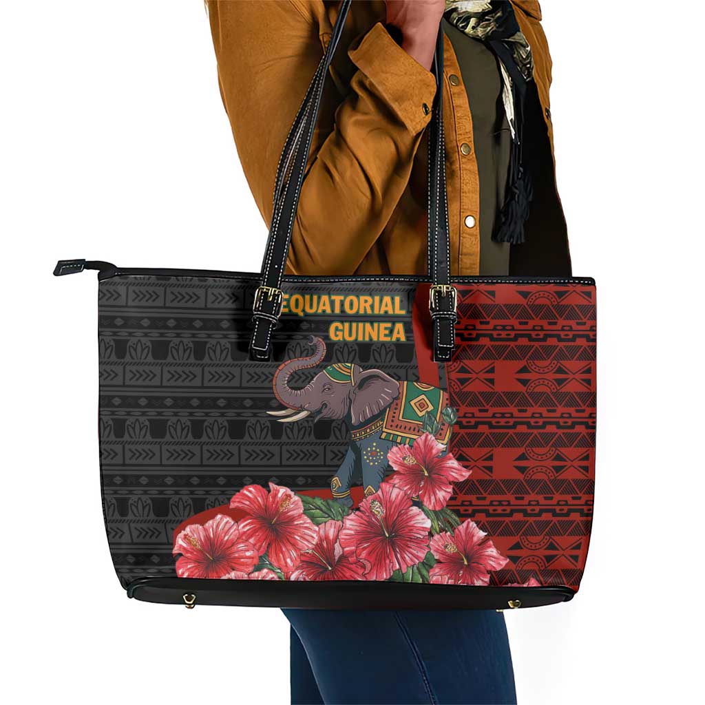Equatorial Guinea Elephant Leather Tote Bag - Hibiscus Flowers and Tribal Patterns