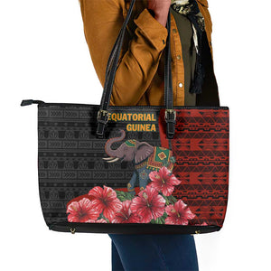 Equatorial Guinea Elephant Leather Tote Bag - Hibiscus Flowers and Tribal Patterns