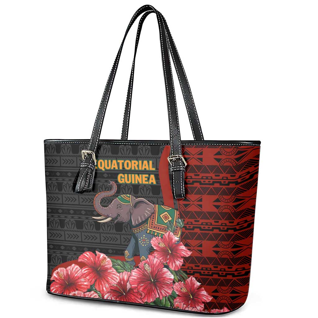 Equatorial Guinea Elephant Leather Tote Bag - Hibiscus Flowers and Tribal Patterns
