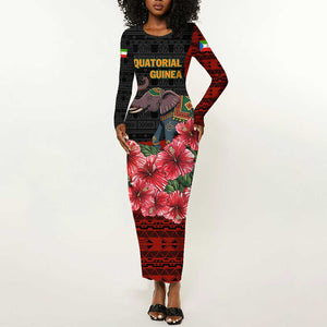 Equatorial Guinea Elephant Long Sleeve Bodycon Dress - Hibiscus Flowers and Tribal Patterns