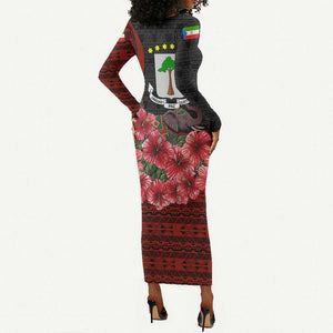Equatorial Guinea Elephant Long Sleeve Bodycon Dress - Hibiscus Flowers and Tribal Patterns
