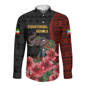 Equatorial Guinea Elephant Long Sleeve Button Shirt - Hibiscus Flowers and Tribal Patterns