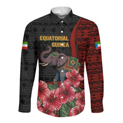 Equatorial Guinea Elephant Long Sleeve Button Shirt - Hibiscus Flowers and Tribal Patterns