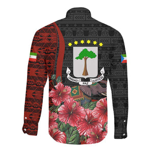 Equatorial Guinea Elephant Long Sleeve Button Shirt - Hibiscus Flowers and Tribal Patterns