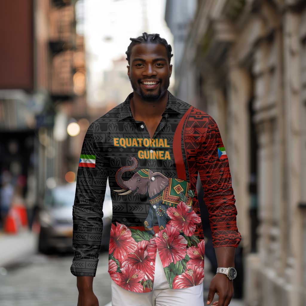 Equatorial Guinea Elephant Long Sleeve Button Shirt - Hibiscus Flowers and Tribal Patterns