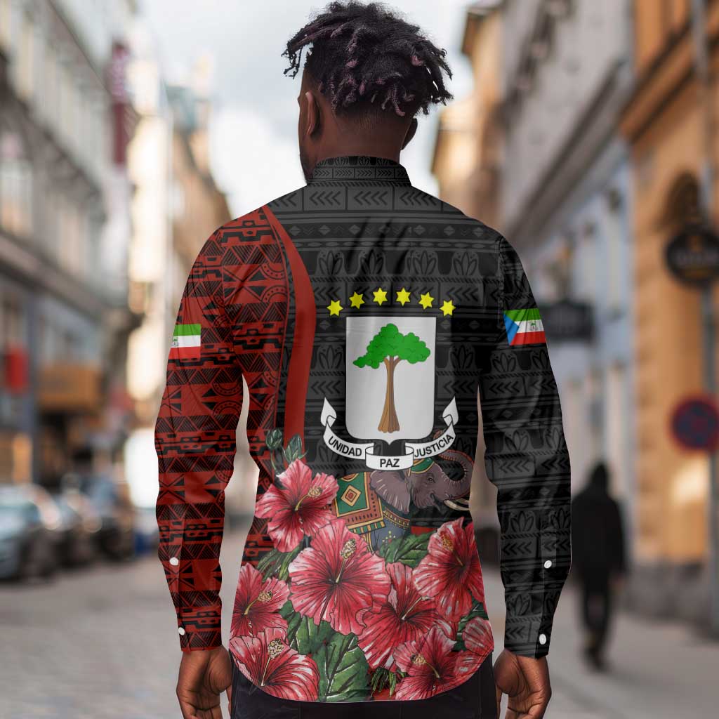 Equatorial Guinea Elephant Long Sleeve Button Shirt - Hibiscus Flowers and Tribal Patterns