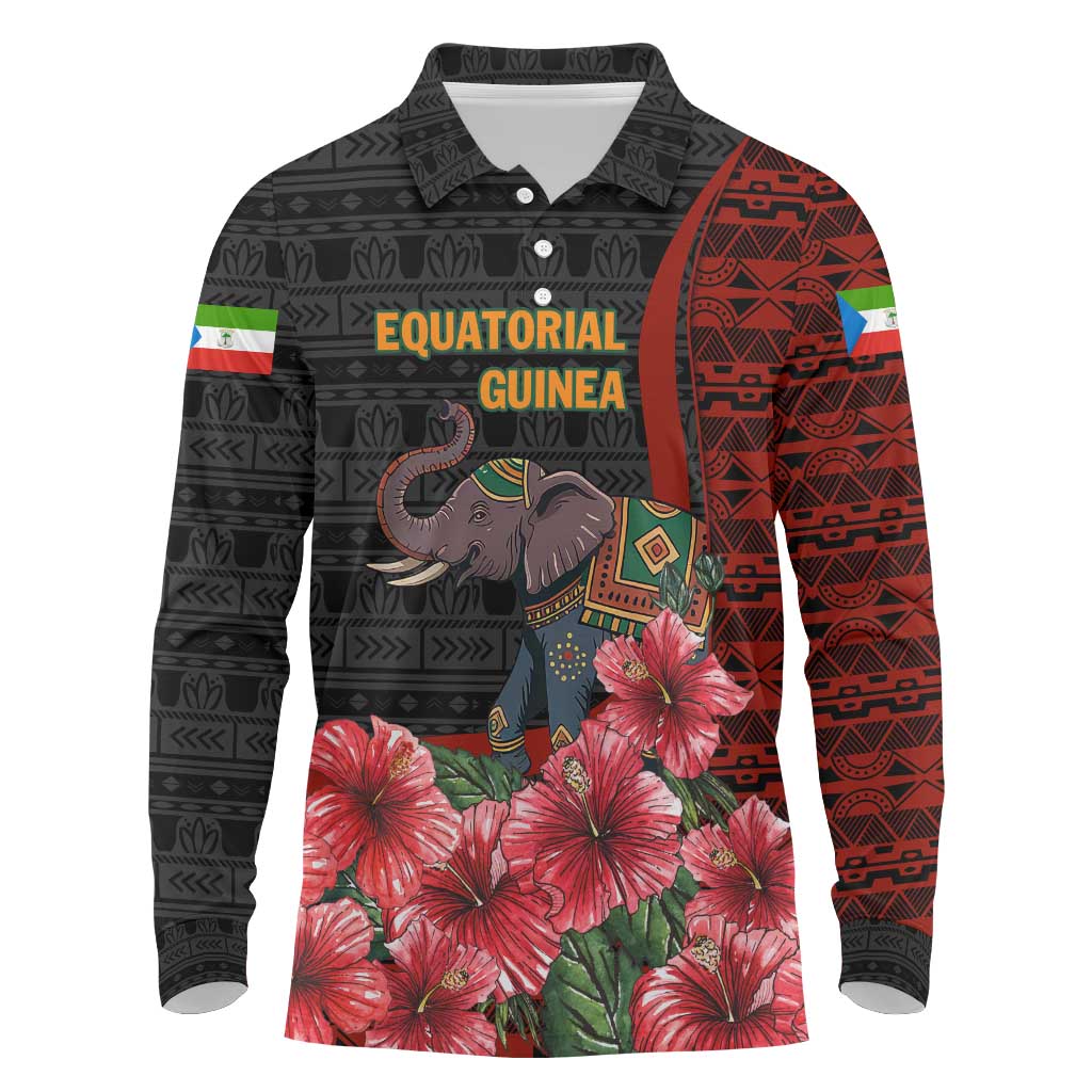 Equatorial Guinea Elephant Long Sleeve Polo Shirt - Hibiscus Flowers and Tribal Patterns