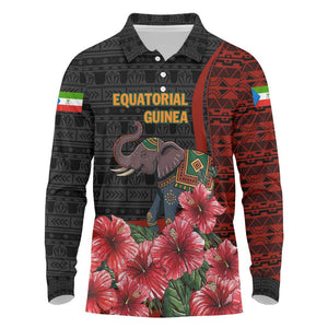 Equatorial Guinea Elephant Long Sleeve Polo Shirt - Hibiscus Flowers and Tribal Patterns