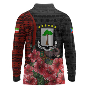Equatorial Guinea Elephant Long Sleeve Polo Shirt - Hibiscus Flowers and Tribal Patterns