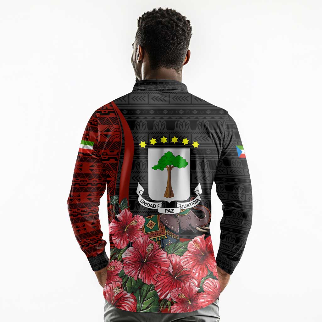 Equatorial Guinea Elephant Long Sleeve Polo Shirt - Hibiscus Flowers and Tribal Patterns