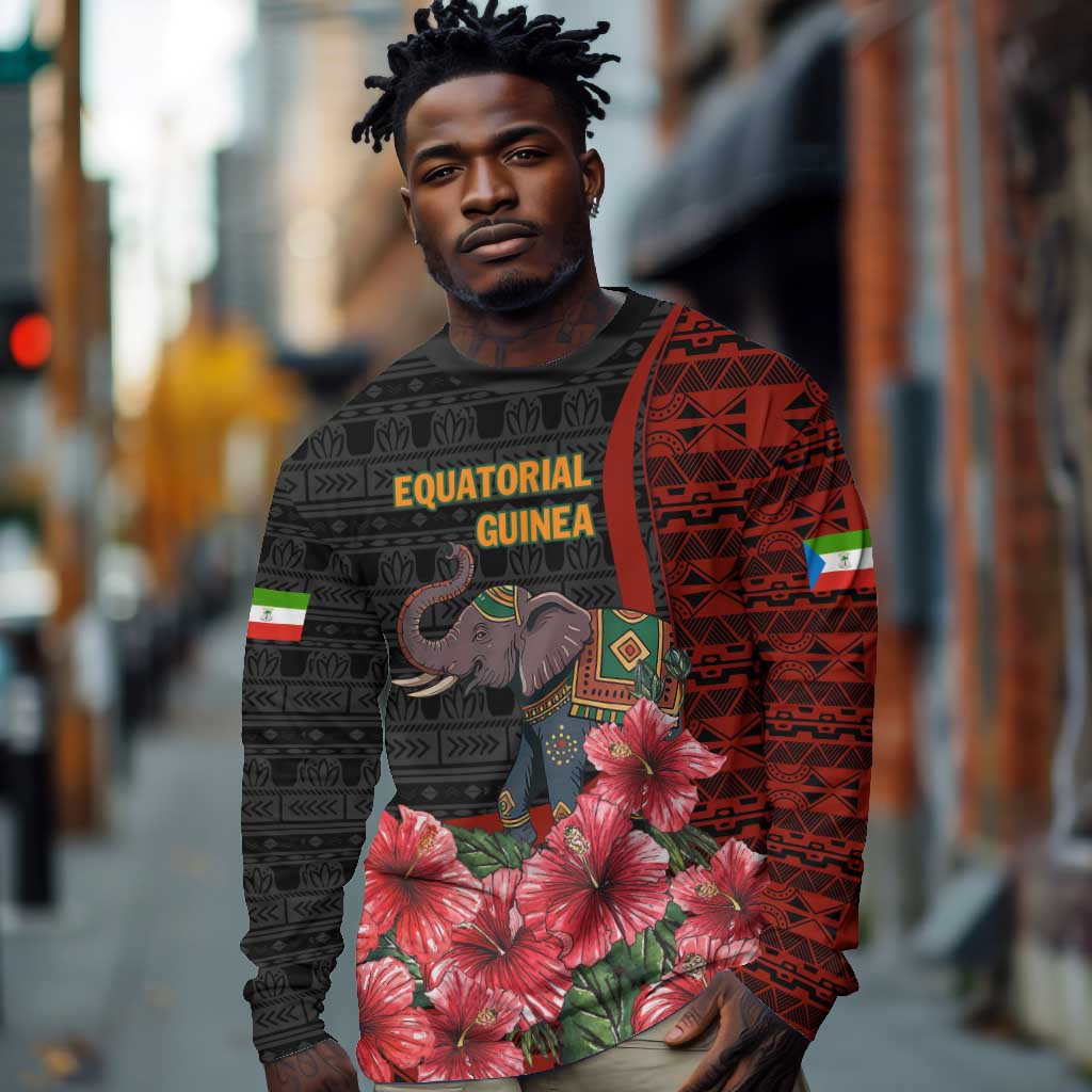 Equatorial Guinea Elephant Long Sleeve Shirt - Hibiscus Flowers and Tribal Patterns