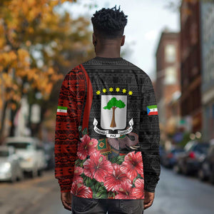 Equatorial Guinea Elephant Long Sleeve Shirt - Hibiscus Flowers and Tribal Patterns