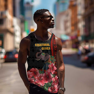 Equatorial Guinea Elephant Men Tank Top - Hibiscus Flowers and Tribal Patterns