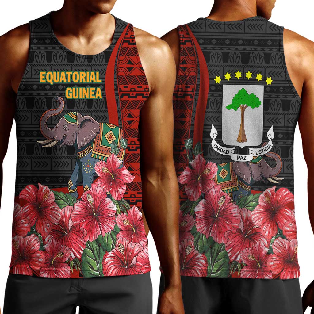 Equatorial Guinea Elephant Men Tank Top - Hibiscus Flowers and Tribal Patterns