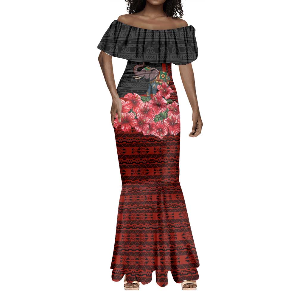 Equatorial Guinea Elephant Mermaid Dress - Hibiscus Flowers and Tribal Patterns