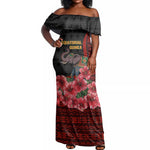 Equatorial Guinea Elephant Off Shoulder Maxi Dress - Hibiscus Flowers and Tribal Patterns