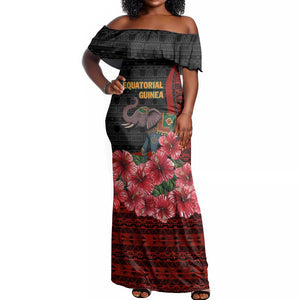 Equatorial Guinea Elephant Off Shoulder Maxi Dress - Hibiscus Flowers and Tribal Patterns