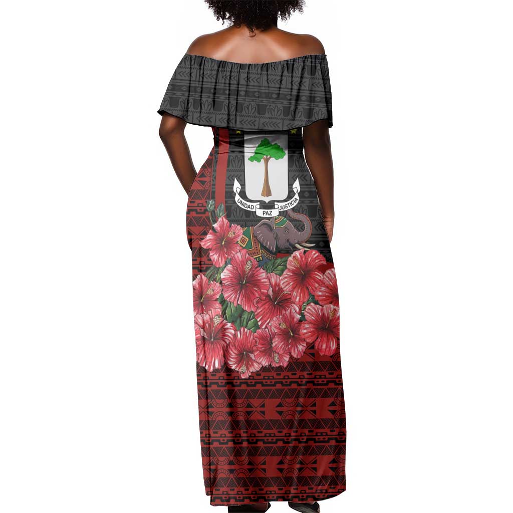 Equatorial Guinea Elephant Off Shoulder Maxi Dress - Hibiscus Flowers and Tribal Patterns