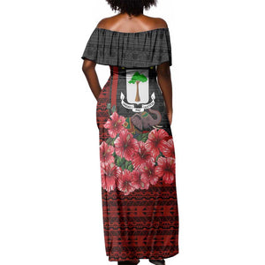 Equatorial Guinea Elephant Off Shoulder Maxi Dress - Hibiscus Flowers and Tribal Patterns