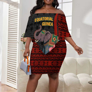 Equatorial Guinea Elephant Off Shoulder Short Dress - Hibiscus Flowers and Tribal Patterns