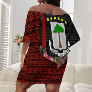 Equatorial Guinea Elephant Off Shoulder Short Dress - Hibiscus Flowers and Tribal Patterns