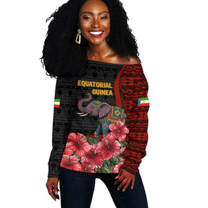 Equatorial Guinea Elephant Off Shoulder Sweater - Hibiscus Flowers and Tribal Patterns
