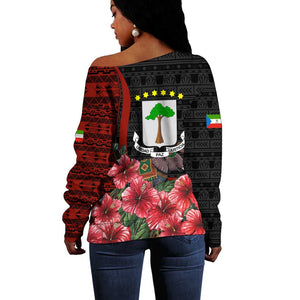 Equatorial Guinea Elephant Off Shoulder Sweater - Hibiscus Flowers and Tribal Patterns