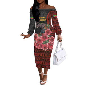 Equatorial Guinea Elephant Off The Shoulder Long Sleeve Dress - Hibiscus Flowers and Tribal Patterns
