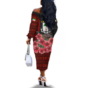 Equatorial Guinea Elephant Off The Shoulder Long Sleeve Dress - Hibiscus Flowers and Tribal Patterns