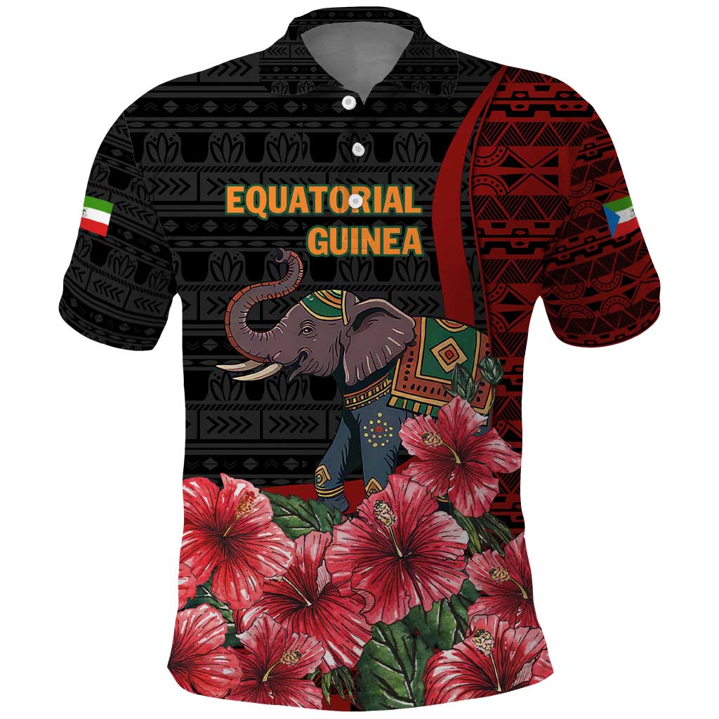 Equatorial Guinea Elephant Polo Shirt - Hibiscus Flowers and Tribal Patterns