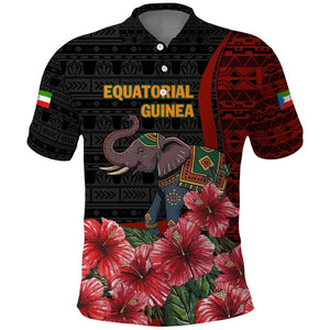 Equatorial Guinea Elephant Polo Shirt - Hibiscus Flowers and Tribal Patterns