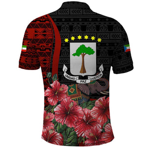 Equatorial Guinea Elephant Polo Shirt - Hibiscus Flowers and Tribal Patterns
