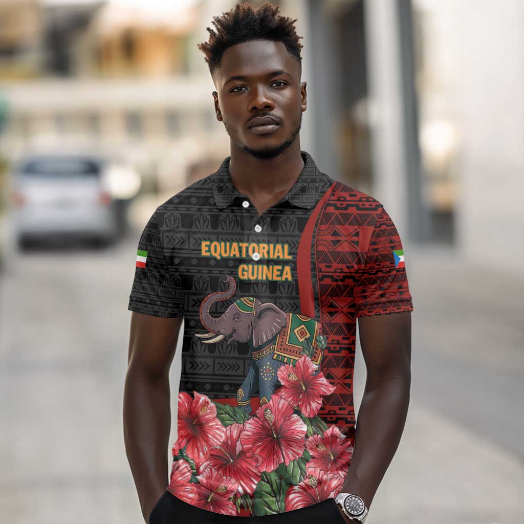 Equatorial Guinea Elephant Polo Shirt - Hibiscus Flowers and Tribal Patterns