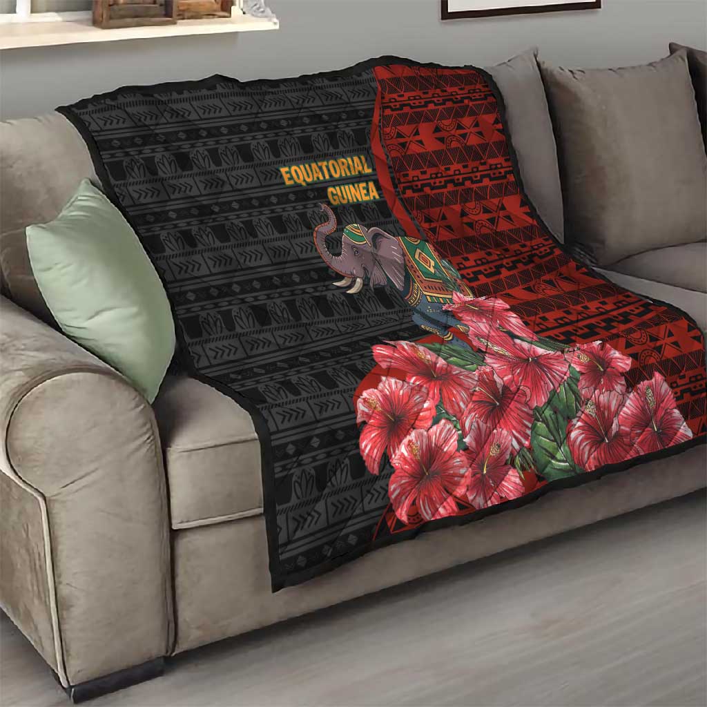 Equatorial Guinea Elephant Quilt - Hibiscus Flowers and Tribal Patterns