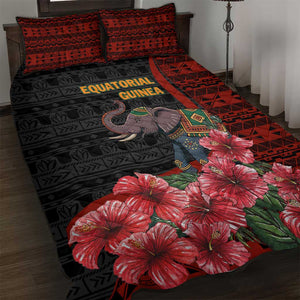 Equatorial Guinea Elephant Quilt Bed Set - Hibiscus Flowers and Tribal Patterns