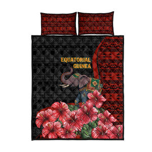 Equatorial Guinea Elephant Quilt Bed Set - Hibiscus Flowers and Tribal Patterns