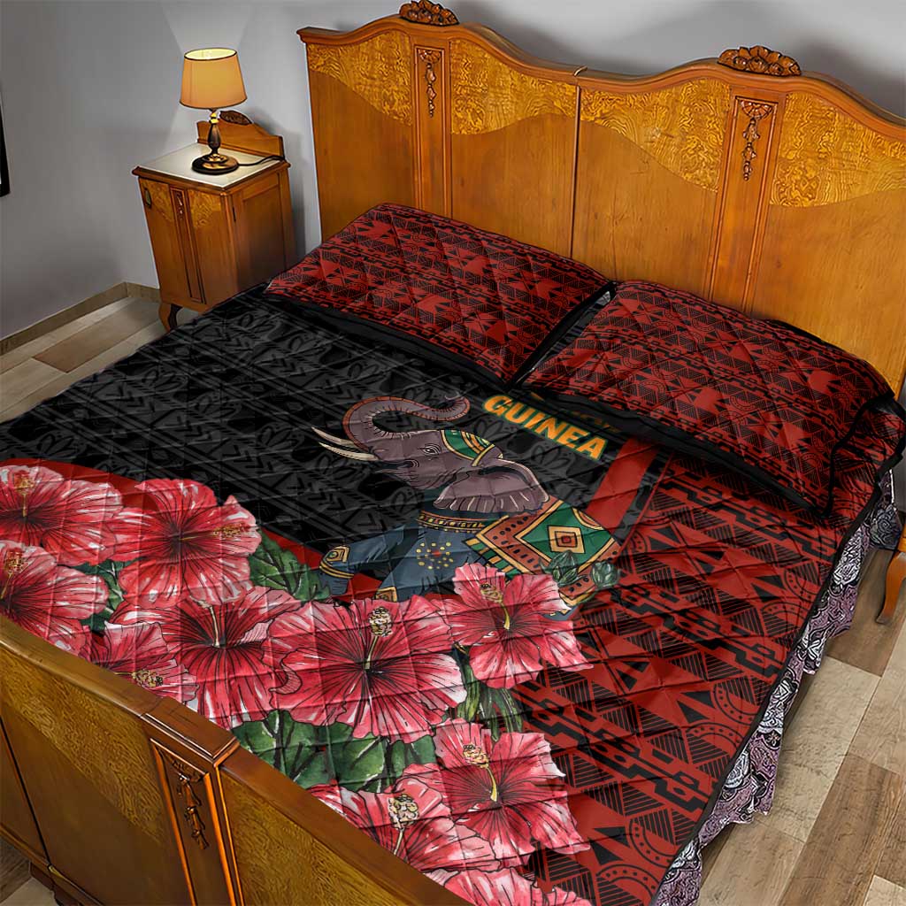 Equatorial Guinea Elephant Quilt Bed Set - Hibiscus Flowers and Tribal Patterns