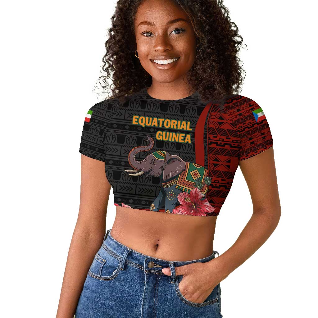 Equatorial Guinea Elephant Raglan Cropped T shirt - Hibiscus Flowers and Tribal Patterns