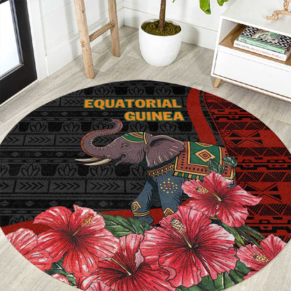 Equatorial Guinea Elephant Round Carpet - Hibiscus Flowers and Tribal Patterns