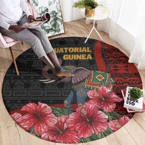 Equatorial Guinea Elephant Round Carpet - Hibiscus Flowers and Tribal Patterns