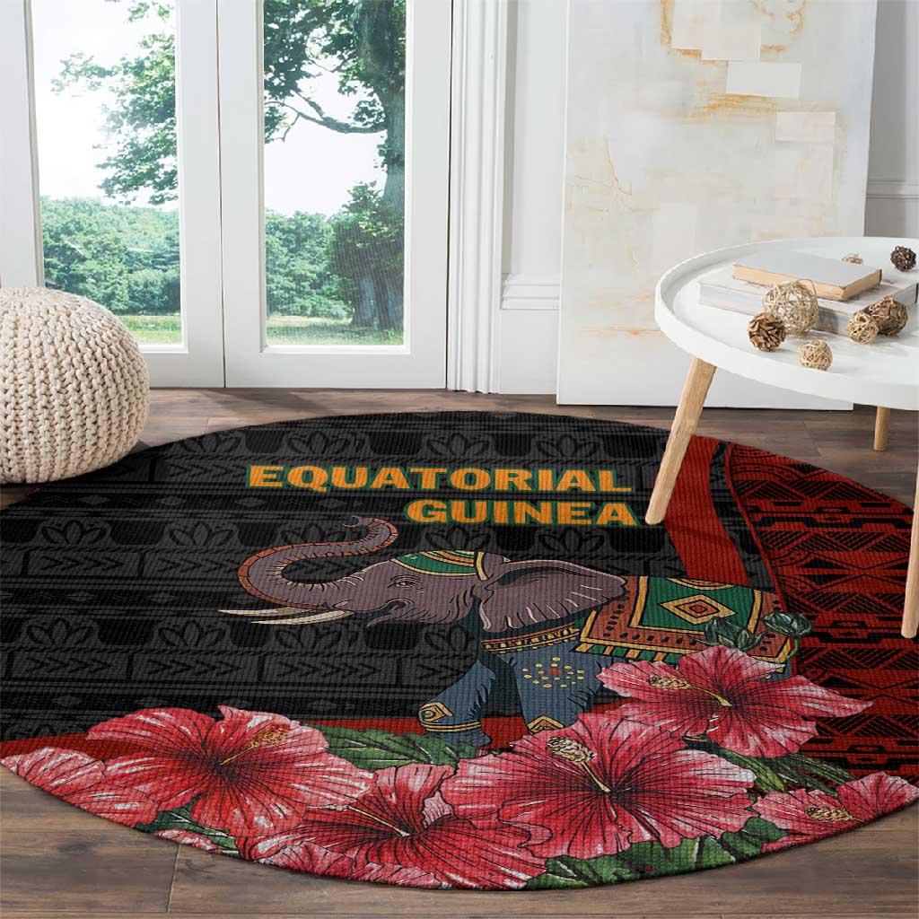 Equatorial Guinea Elephant Round Carpet - Hibiscus Flowers and Tribal Patterns